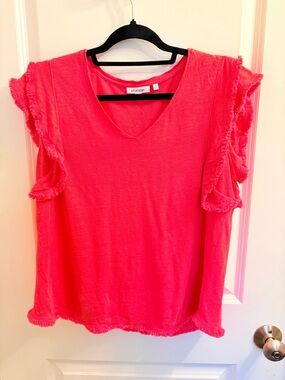 Chico’s Frayed Hem V‑Neck Top Coral Pink Large